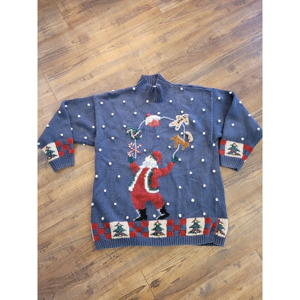 Vintage 90s MARISA Christina CHRISTMAS Sweater L Blue Santa Trees Toys Reindeer